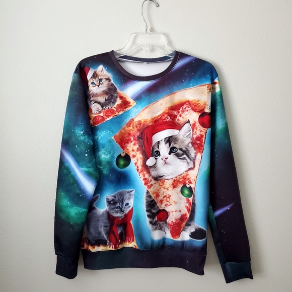 Cats & Pizza Blue Christmas Holiday Sweatshirt, Size Medium/ Large - Picture 9 of 12